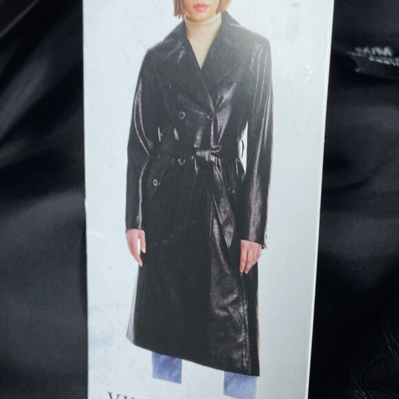 Vince Camuto Black Faux Leather Croc Trench Coat Double-Breasted Medium d0464 - Picture 6 of 10